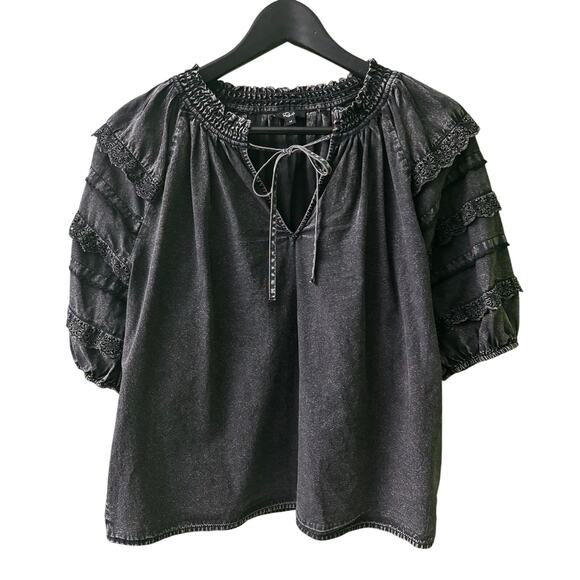 Rails Amity Acid Wash Cotton Puff-Sleeve Blouse Size M - Picture 4 of 9